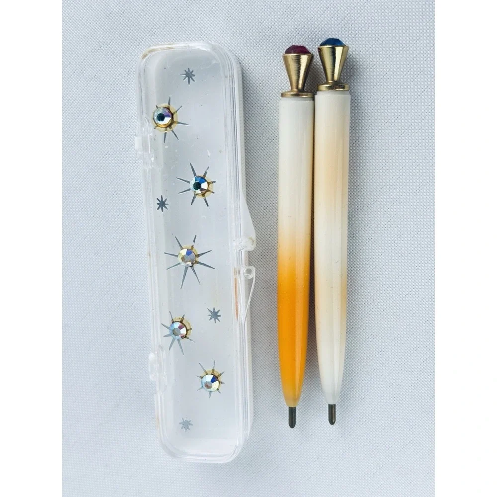 Vintage MCM Peach White Jewel Plastic Pen Set Rhinestone Case Mini‎ Purse Travel